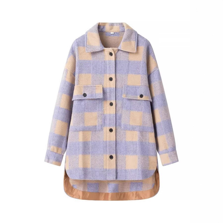 Women Oversize Checked Shirt Jacket with Applied Flap Pockets and Extended Hem Fashion Glam