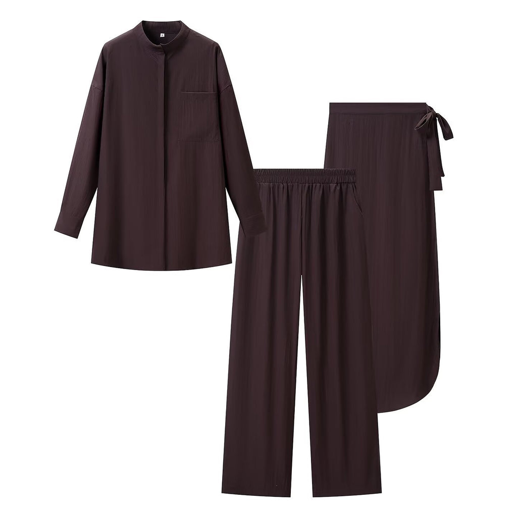 Women's Three-Piece Loungewear Set with Stand-Up Collar Shirt, Elastic Palazzo Pants and Wrap Skirt Fashion Glam