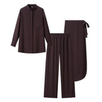 Women's Three-Piece Loungewear Set with Stand-Up Collar Shirt, Elastic Palazzo Pants and Wrap Skirt Fashion Glam