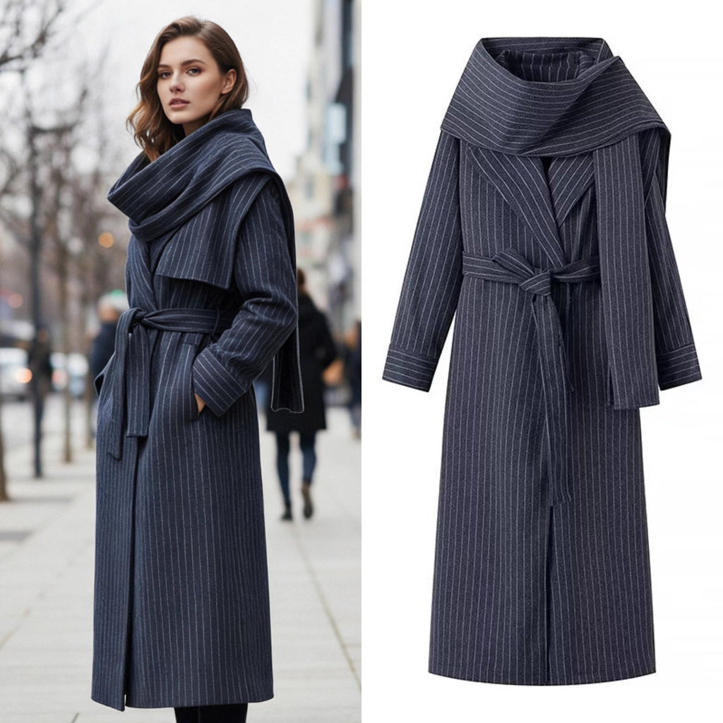 Women’s long coat with oversized shawl collar, belt at the waist and pinstripes Fashion Glam