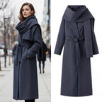 Women’s long coat with oversized shawl collar, belt at the waist and pinstripes Fashion Glam