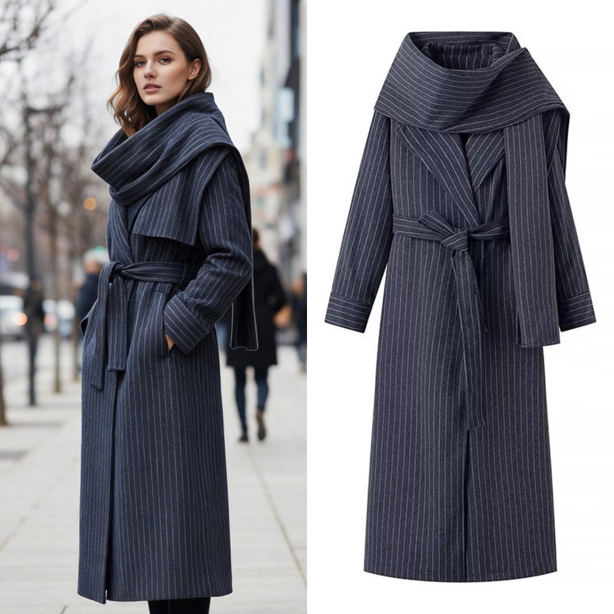 Women’s long coat with oversized shawl collar, belt at the waist and pinstripes Fashion Glam