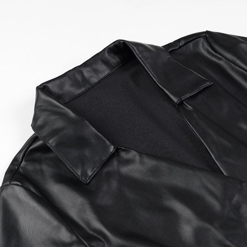 Ladies' wrap mid coat made of faux leather with knot detail and shirt collar Fashion Glam
