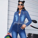 Women's cropped fitted denim jacket with zipper and raw hem Fashion Glam