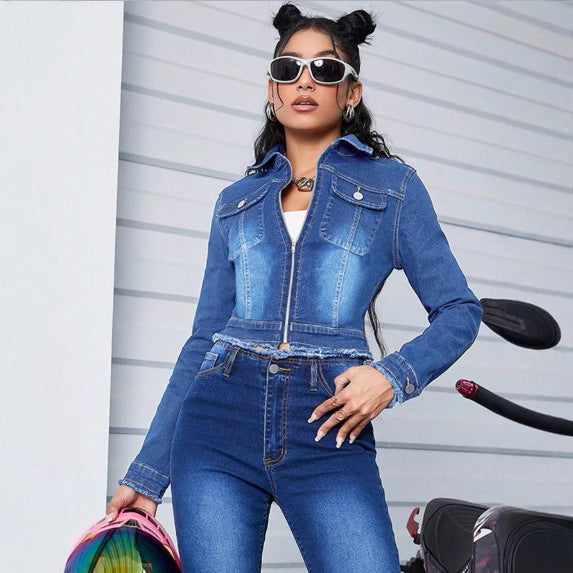 Women's cropped fitted denim jacket with zipper and raw hem Fashion Glam