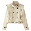 Women's short trench-style jacket, double-breasted with high stand-up collar and waist smocking Fashion Glam