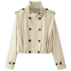 Women's short trench-style jacket, double-breasted with high stand-up collar and waist smocking Fashion Glam