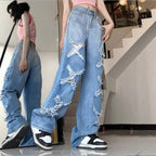Women's Loose Denim Jeans in Baggy Style with Decorative Fringe Star Appliqués Fashion Glam