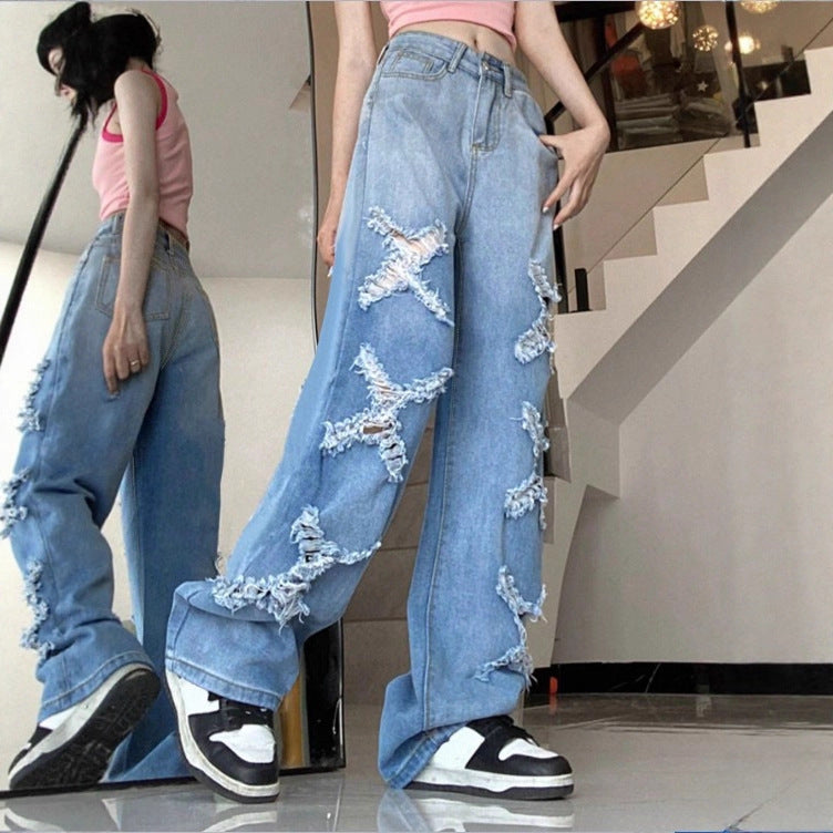 Women's Loose Denim Jeans in Baggy Style with Decorative Fringe Star Appliqués Fashion Glam
