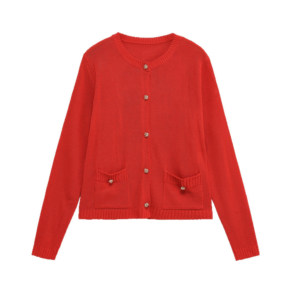Women Fine Knit Cardigan with Decorative Buttons, Round Neckline and Patch Pockets Fashion Glam