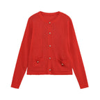 Women Fine Knit Cardigan with Decorative Buttons, Round Neckline and Patch Pockets Fashion Glam