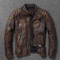 Men's Vintage Biker Leather Jacket with Stand Collar and Quilted Shoulder Padding Fashion Glam