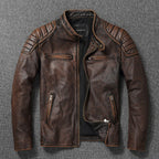Men's Vintage Biker Leather Jacket with Stand Collar and Quilted Shoulder Padding Fashion Glam