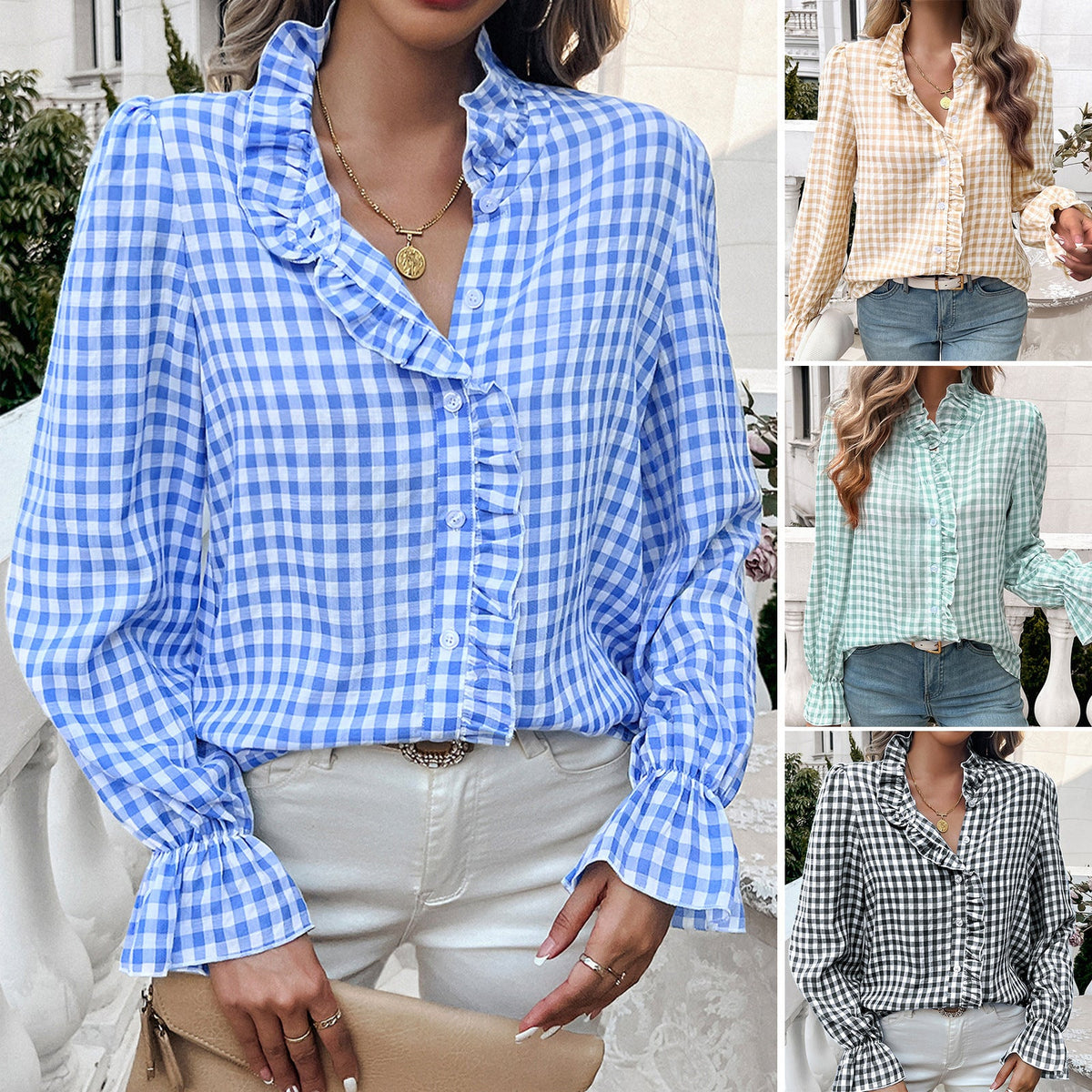 Women's checked blouse with ruffle details and button placket Fashion Glam