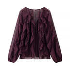 Ladies Voluminous Chiffon Blouse with Layered Ruffles and Button Closure Fashion Glam