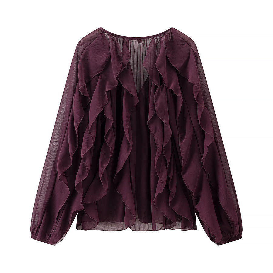 Ladies Voluminous Chiffon Blouse with Layered Ruffles and Button Closure Fashion Glam