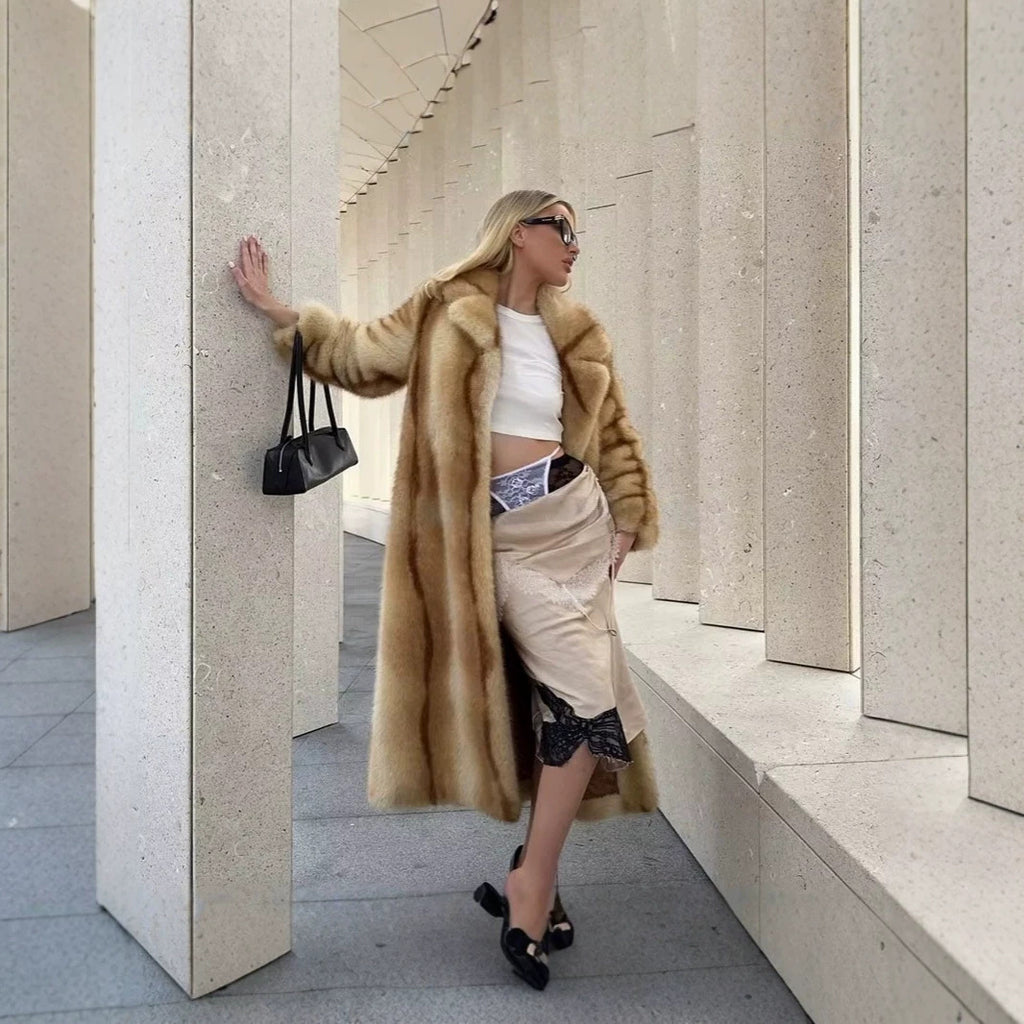 Ladies Long High-Pile Faux Fur Coat with Lapel Collar Fashion Glam