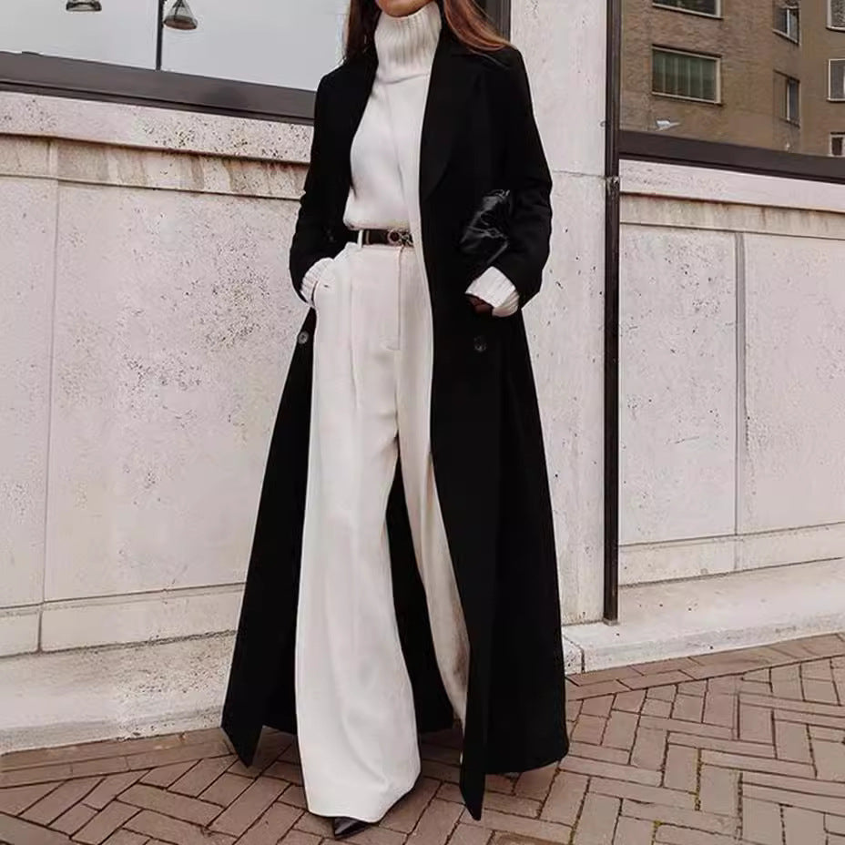 Women classic maxi coat with elegant pleats and pockets Fashion Glam