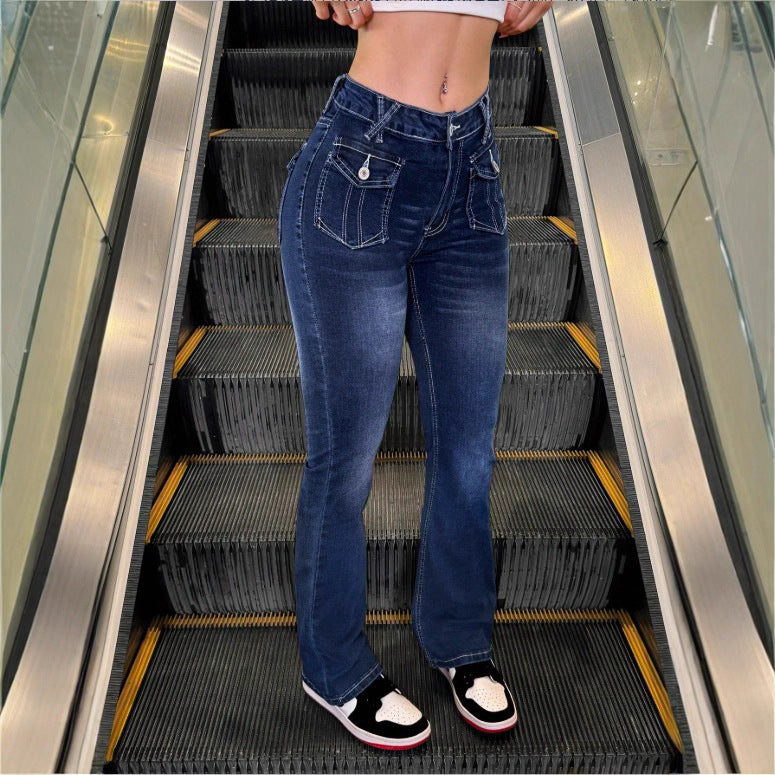 Women's High-Waisted Stretch Jeans with Light Flare and Decorative Pockets Fashion Glam