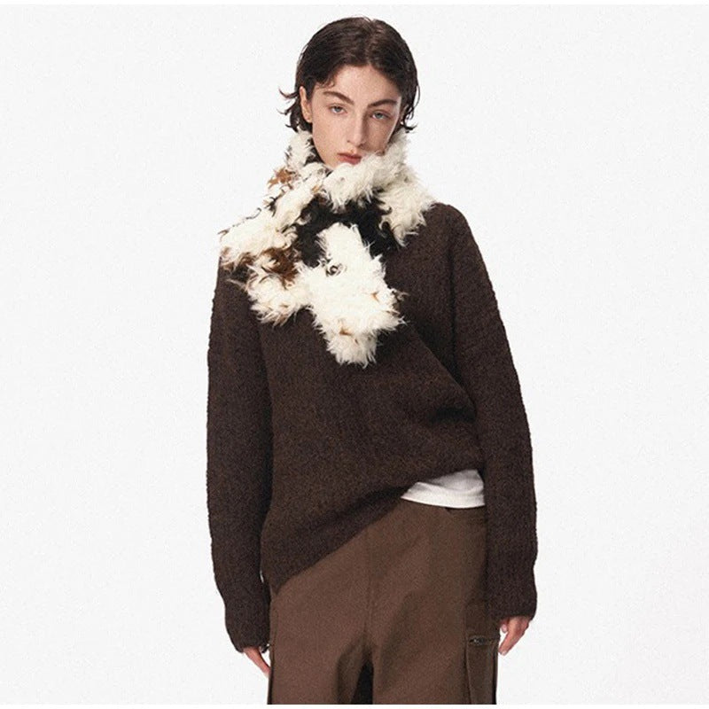 Women's faux fur shawl stole with curly shaggy texture and loop closure Fashion Glam