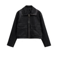 Women's Short Boxy Leather Look Jacket with Zip and Large Flap Pockets Fashion Glam