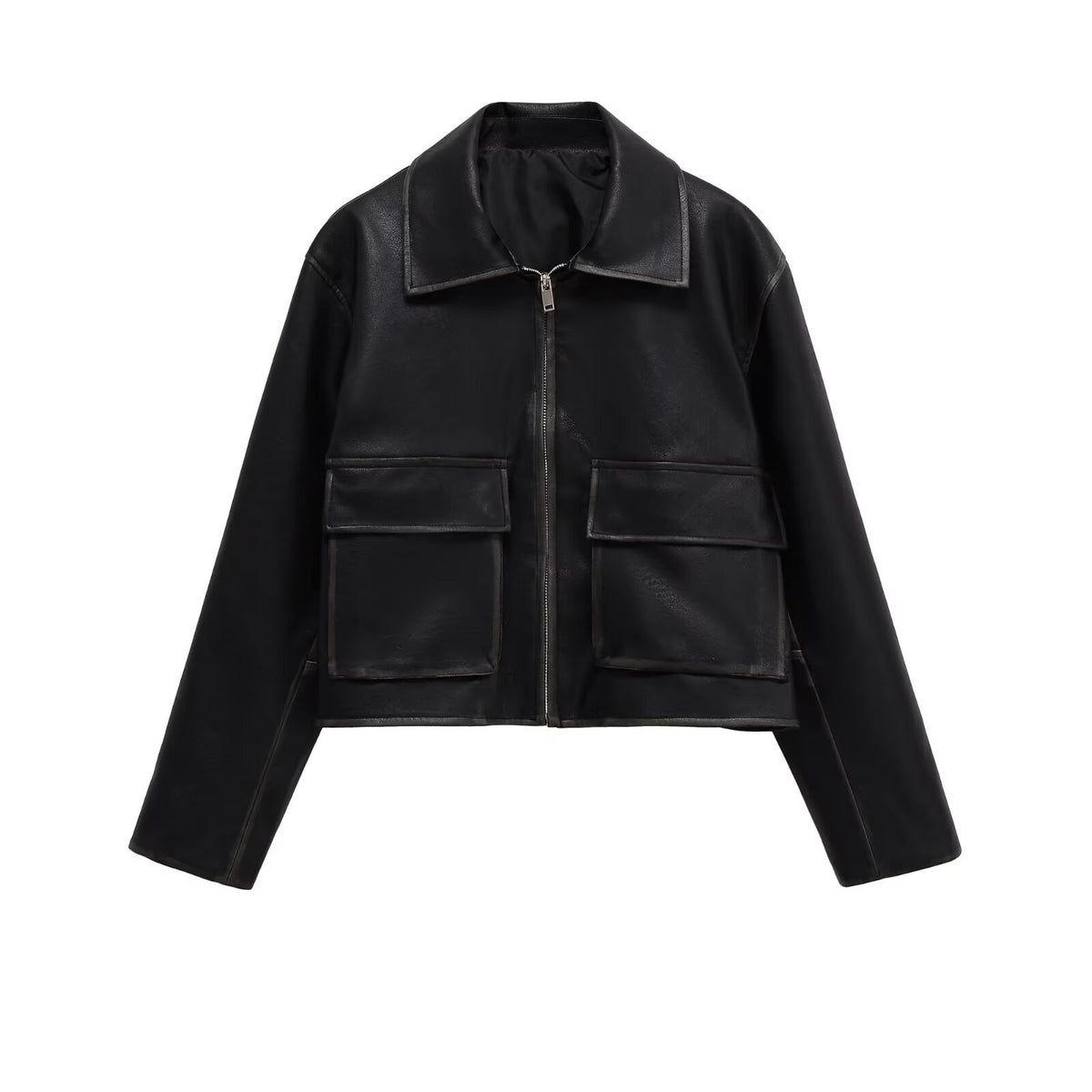 Women's Short Boxy Leather Look Jacket with Zip and Large Flap Pockets Fashion Glam
