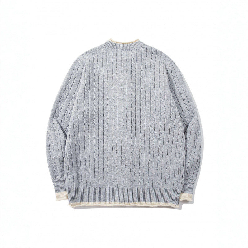 Unisex fine knit cardigan with cable pattern, round neck and contrast trim Fashion Glam