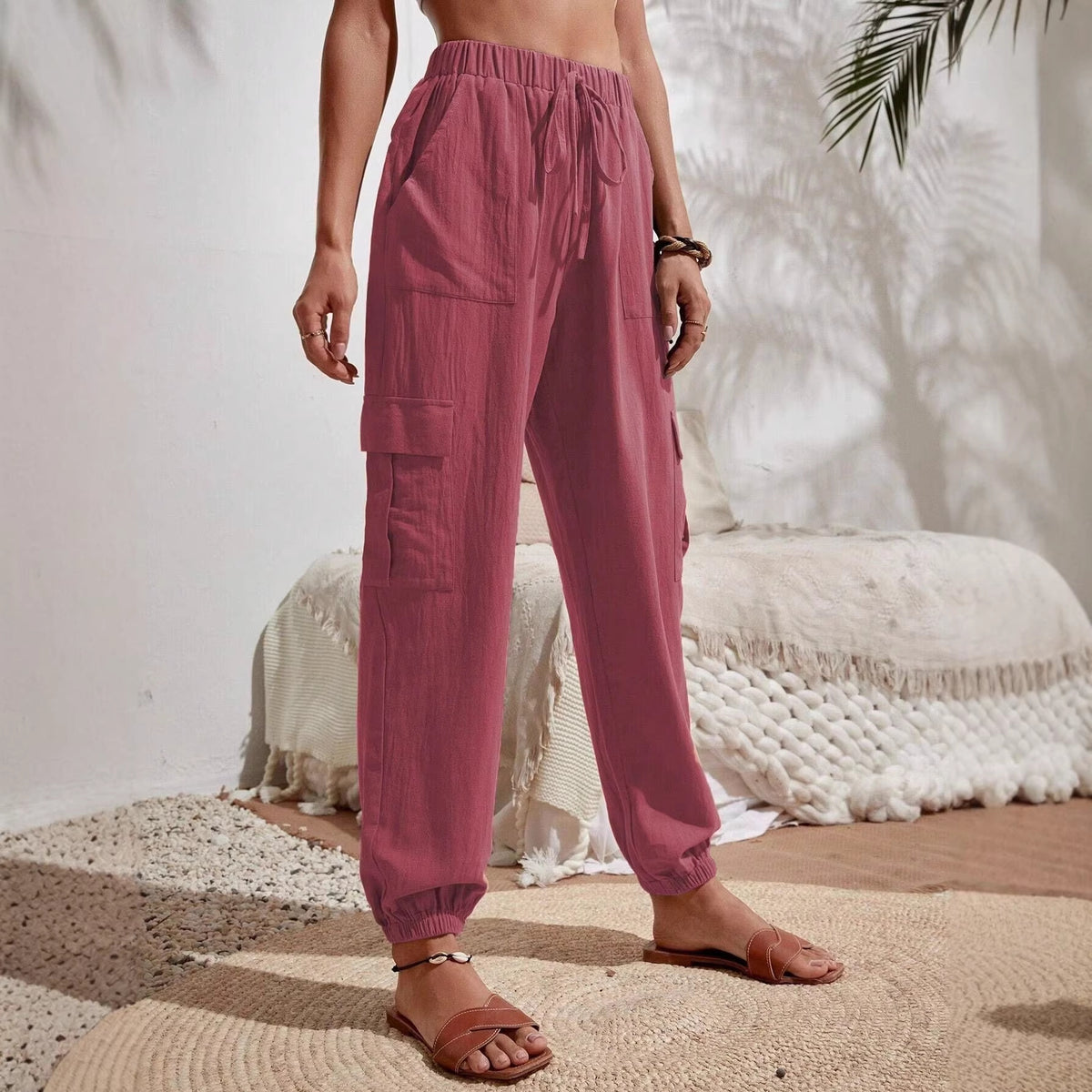 Women's Lightweight Cargo Jogging Pants with Drawstring, Elastic Waistband and Elastic Cuffs Fashion Glam