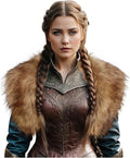Ladies Medieval Faux Leather Breastplate with Embossed Ornamentation and Faux Fur Shoulder Collar Fashion Glam