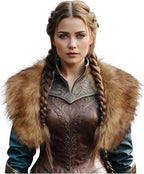 Ladies Medieval Faux Leather Breastplate with Embossed Ornamentation and Faux Fur Shoulder Collar Fashion Glam