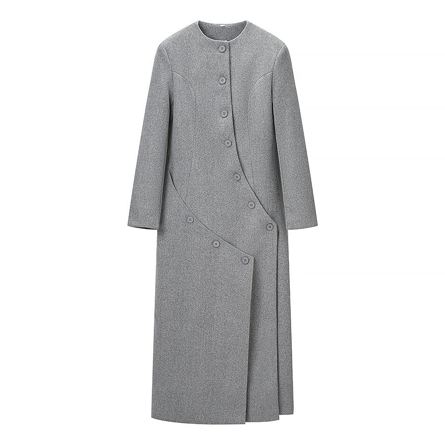 Women's Longer Tailored Wool Blend Coat with Asymmetrical Button Placket and Round Neck Fashion Glam