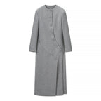Women's Longer Tailored Wool Blend Coat with Asymmetrical Button Placket and Round Neck Fashion Glam