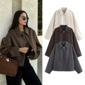 Ladies Oversize Wool Blend Cropped Jacket with Zipper and Shirt Collar Fashion Glam
