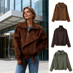 Women's short jacket in biker blouson style with belt and asymmetrical flap Fashion Glam