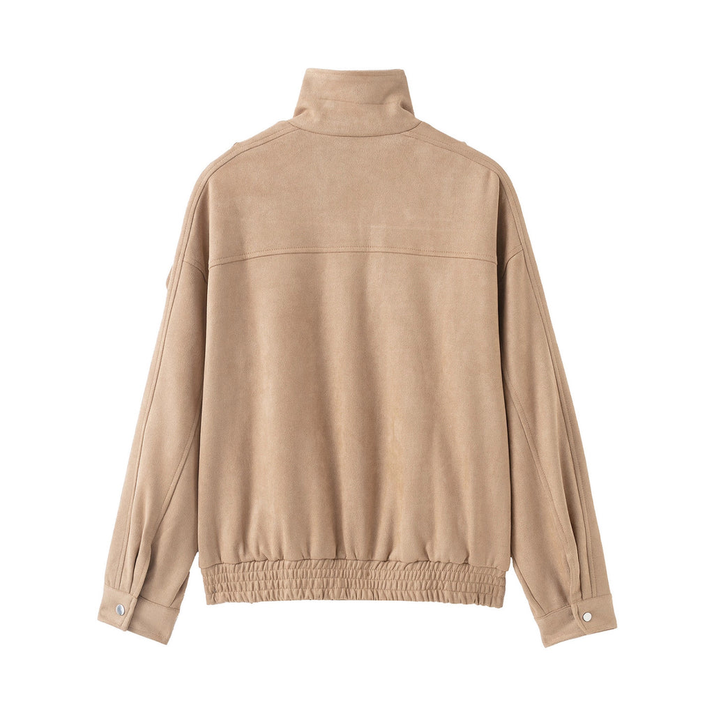 Women's short jacket in suede look with high stand-up collar, shoulder flaps and waist belt Fashion Glam