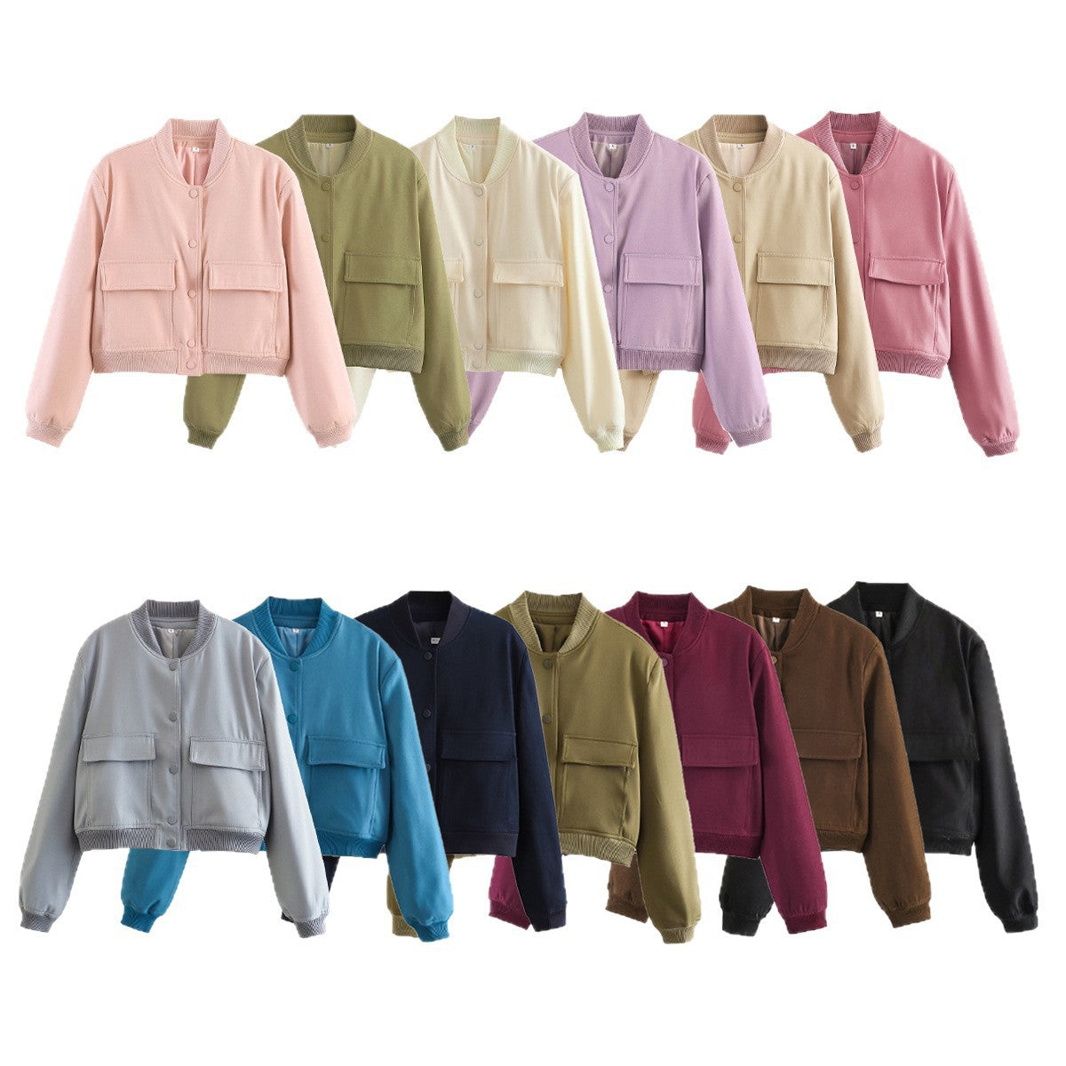 Women Short Cut Utility Bomber Jacket with Large Flap Pockets and Ribbed Cuffs Fashion Glam