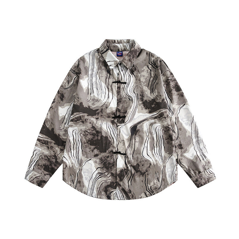 Unisex Boxy Overshirt Jacket with Marble Print and Traditional Toggle Closure Look Fashion Glam