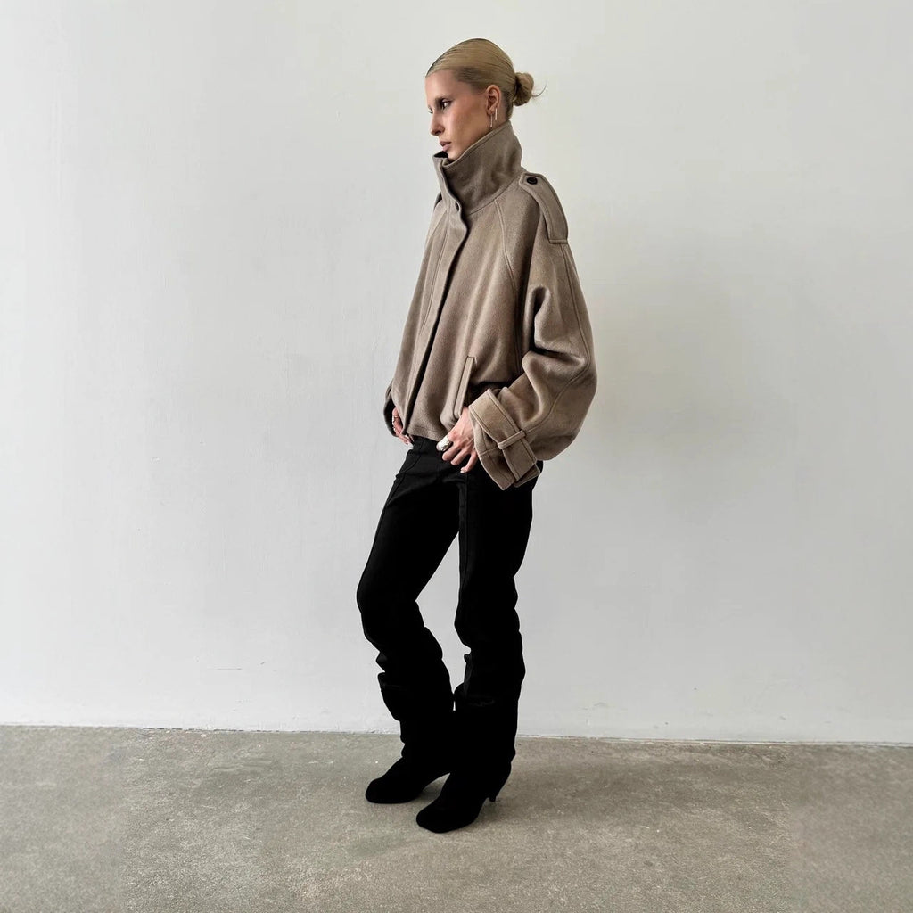 Women's short jacket made of wool blend with high stand-up collar, balloon sleeves and shoulder flaps Fashion Glam