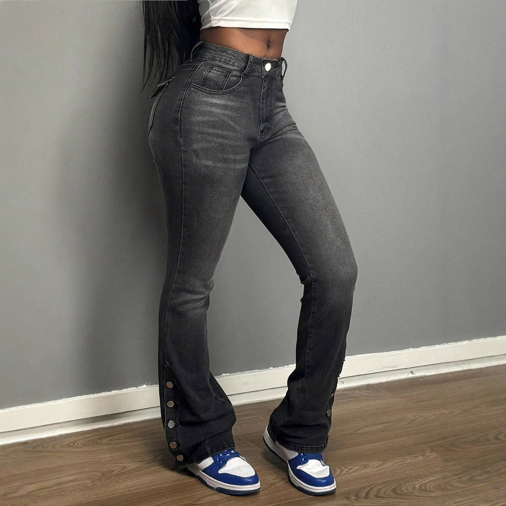 Women's high-waisted flared jeans with side button opening & sculpting fit Fashion Glam