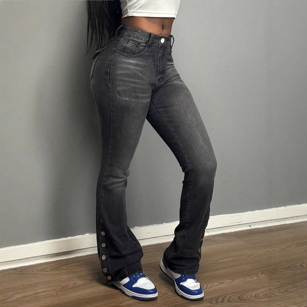 Women's high-waisted flared jeans with side button opening & sculpting fit Fashion Glam