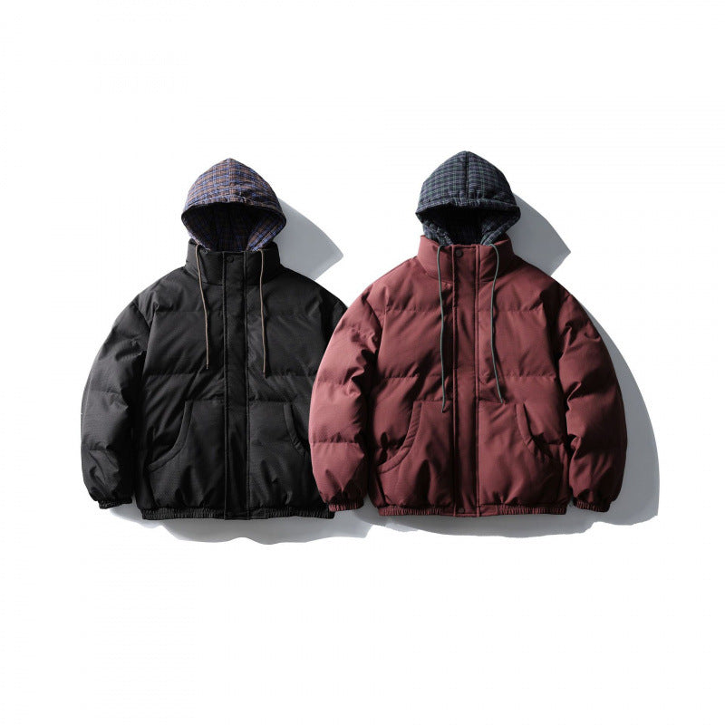 Unisex Padded Puffer Jacket in Boxy Cut with Checkered Insert Hood and High Stand-Up Collar Fashion Glam