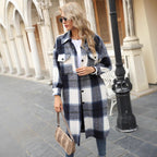 Women Checkered Longline Shirt Jacket Coat with Patch Pockets Fashion Glam