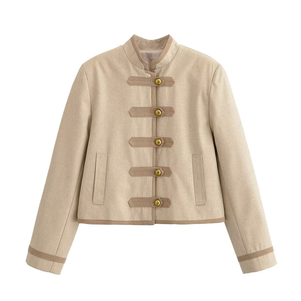 Women Short Military-Inspired Jacket with Stand Collar and Decorative Toggle Closure Fashion Glam