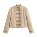 Women Short Military-Inspired Jacket with Stand Collar and Decorative Toggle Closure Fashion Glam