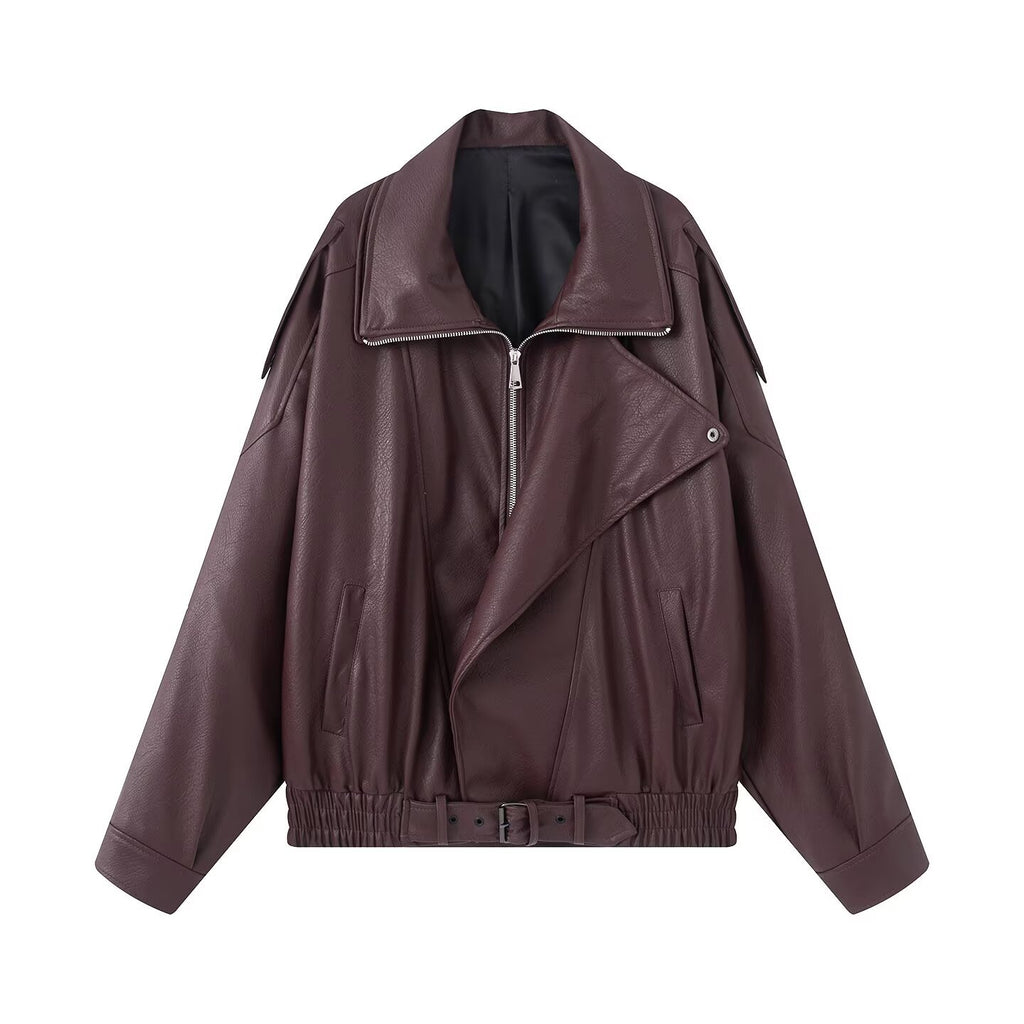 Ladies Oversize Faux Leather Biker Jacket with Asymmetrical Zipper, Belt and Elastic Waist Fashion Glam