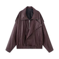 Ladies Oversize Faux Leather Biker Jacket with Asymmetrical Zipper, Belt and Elastic Waist Fashion Glam