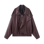 Ladies Oversize Faux Leather Biker Jacket with Asymmetrical Zipper, Belt and Elastic Waist Fashion Glam