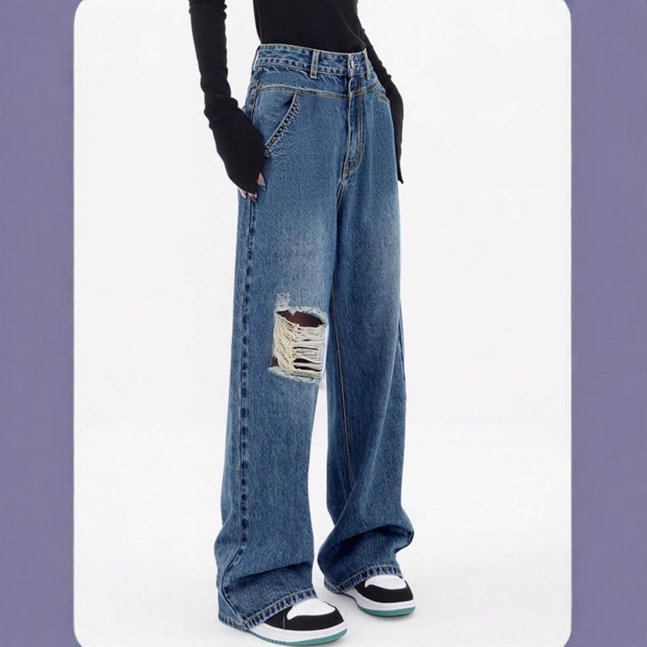 Women high-waisted oversized baggy jeans with knee rip and wide leg Fashion Glam