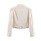 Women's Cropped Tailored Jacket with Stand-Up Collar Ruffle Trim and Decorative Buttons Fashion Glam