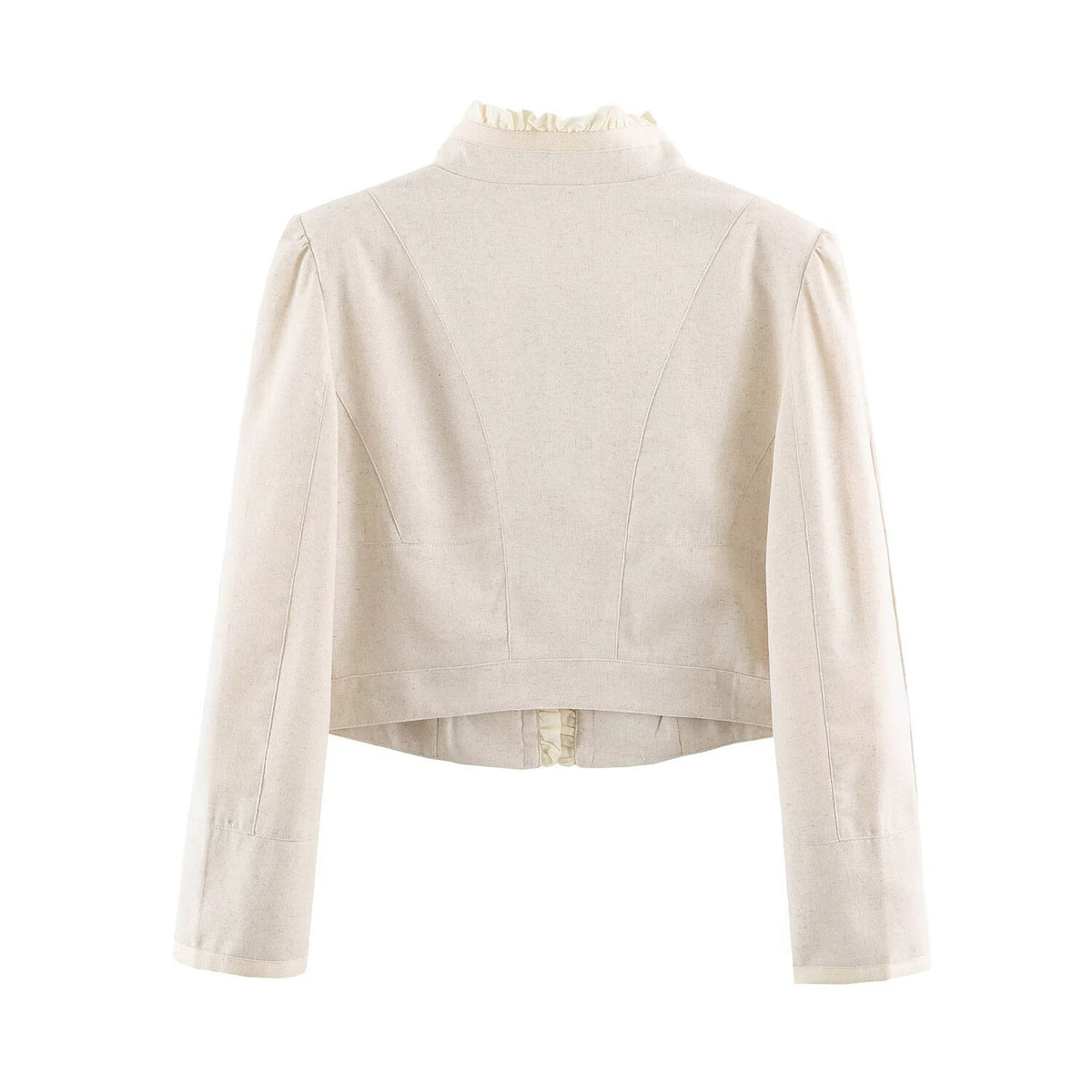 Women's Cropped Tailored Jacket with Stand-Up Collar Ruffle Trim and Decorative Buttons Fashion Glam